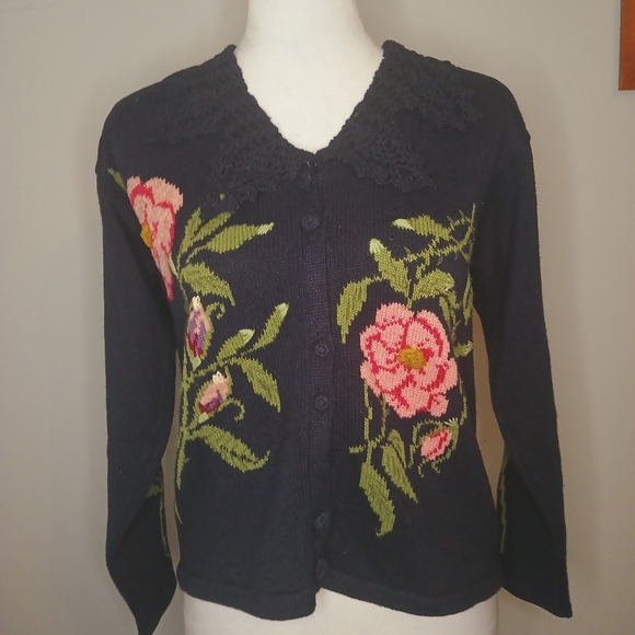 Vintage Susan Bristol New Traditions   Hand Embroidered Knit Floral Cardigan - Picture 1 of 4
